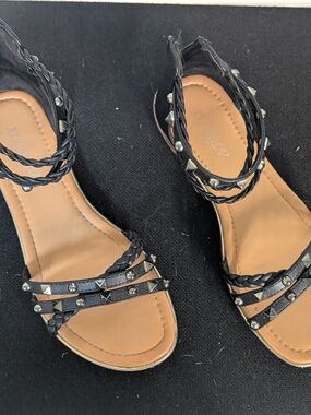 Black Braided Studded Women’s Sandals with Ankle Strap